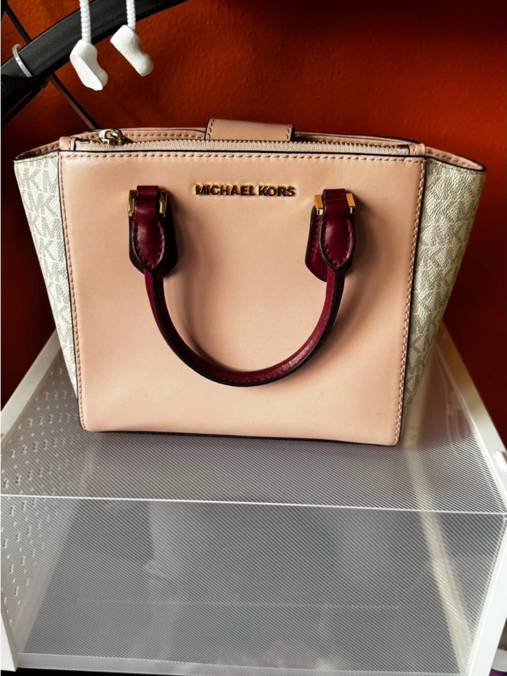 Michael Kors Pink and Burgundy Satchel with Signature Sides - Picture 1 of 5